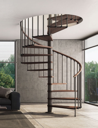 Phola di Rintal abbina
la solidità della struttura
in acciaio al calore del legno massello di faggio, verniciato nel colore Noce 25. Struttura e ringhiera Tube sono verniciati Grigio Antracite 03. Ha Ø da 105 a 180 cm. A gradino costa da 205 euro + Iva. www.rintal.com