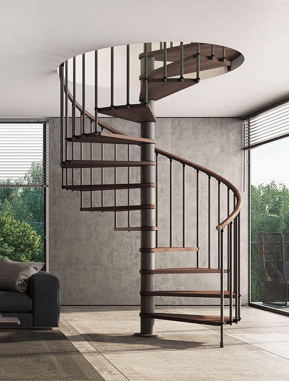 Phola di Rintal abbina
la solidità della struttura
in acciaio al calore del legno massello di faggio, verniciato nel colore Noce 25. Struttura e ringhiera Tube sono verniciati Grigio Antracite 03. Ha Ø da 105 a 180 cm. A gradino costa da 205 euro + Iva. www.rintal.com