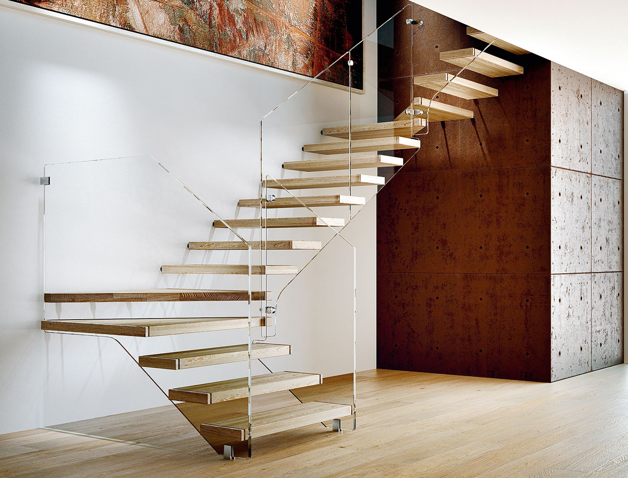 La scala a giorno
Modì di ST Scale ha i gradini fissati a sbalzo sulla parete, sostenuti da perni in acciaio.
Le pedate sono in rovere di spessore 6 cm, qui proposto Decapato Bianco Spazzolato
e antiscivolo. La ringhiera V02 è in vetro extrachiaro stratificato e temperato. Larghezza 50-100 cm. www.stscale.com