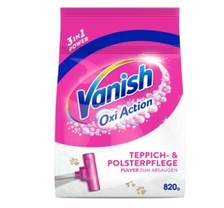 Vanish Oxi Action Detergente per tappezzeria e moquette in polvere è un prodotto adatto per grandi superfici: rende tappeti, tappezzeria, divani, sedili auto e tende di nuovo morbidi, puliti e freschi. La polvere aspirante rimuove anche lo sporco più ostinato, gli odori e la polvere intrappolati in profondità nel tessuto del tappeto. Asciugatura rapida, in soli 20 minuti. Prezzo 6,14 euro. www.amazon.it