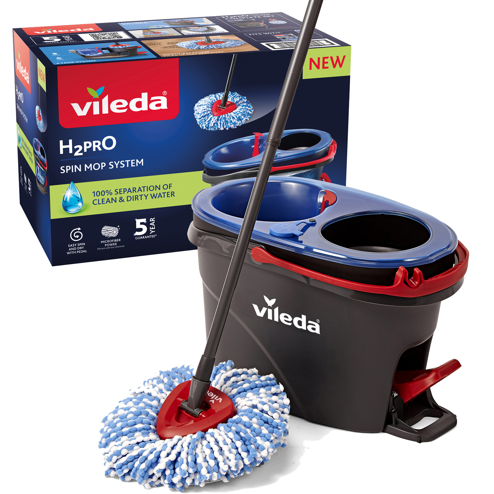 Vileda H2PrO Flat Mop – Sistema Lavapavimenti Con Separazione Acqua Pulita/Sporca, Panno Microfibra Lavabile, Design Compatto E Uso A Una Mano
