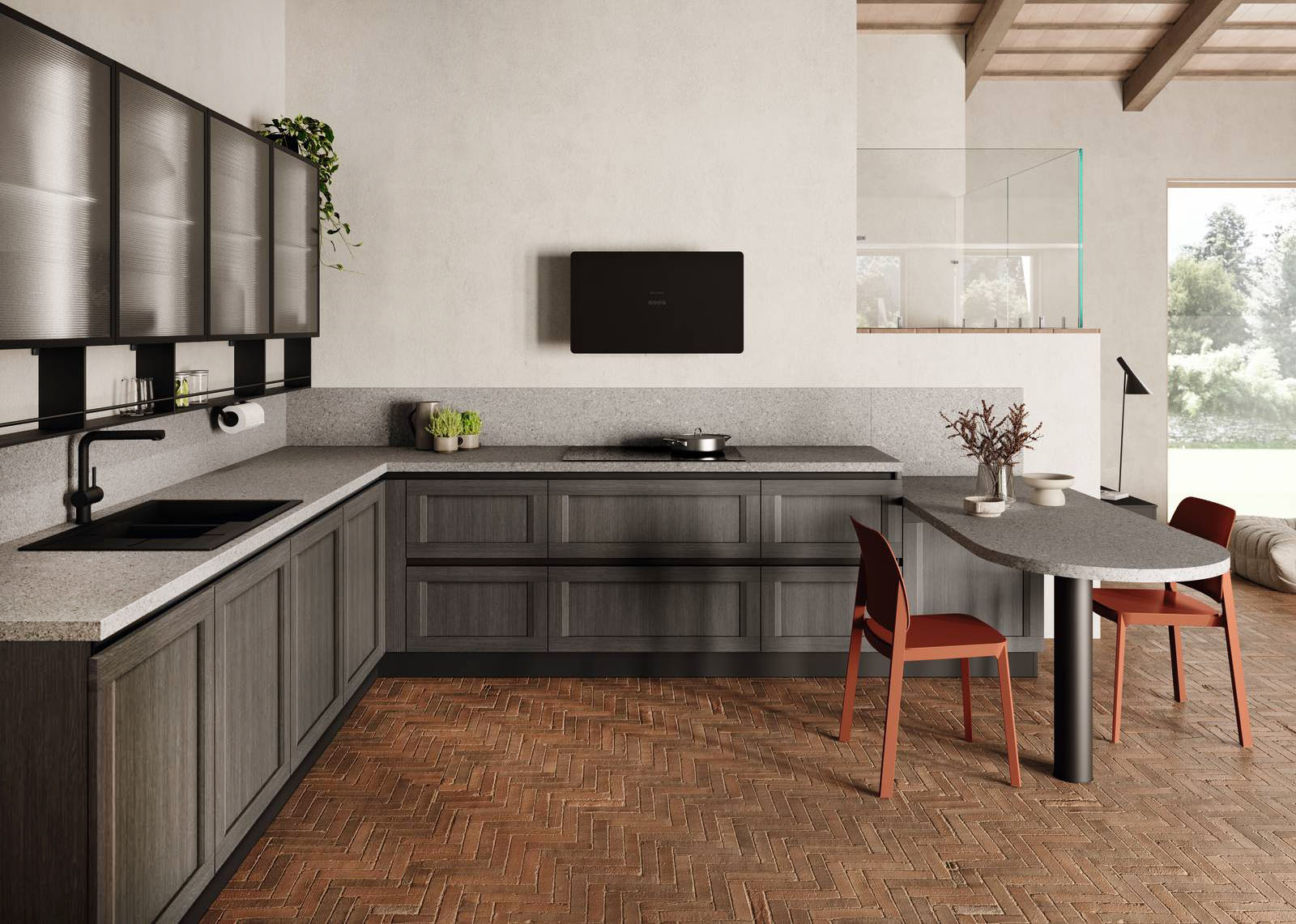La cucina ad angolo nei toni del grigio scuro Regola di Scavolini è composta da una serie di basi con le ante a telaio in decorativo Rovere Town. I quattro pensili hanno le ante Telaio Alluminio nella finitura Antracite e il vetro Screen; il piano di lavoro e il banco tavolo laterale sono realizzati in Laminato Street Grey. Prezzo su richiesta. https://www.scavolini.com
