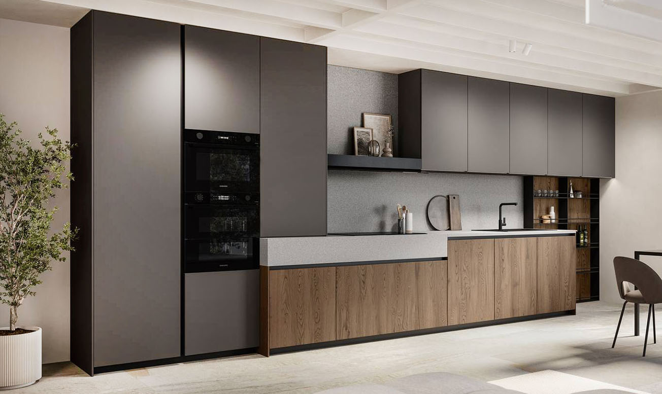 I modelli Asia e Time di Arredo3, accostati fra loro, danno vita a una lunga cucina lineare con le basi in impiallacciato travi rovere pergamena, le colonne e i pensili in laccato opaco fondente. Le diverse profondità creano un gioco di movimenti come i differenti spessori dei piani di lavoro realizzati in stratificato HPL grani grigio. Prezzo su richiesta. https://www.arredo3.com I modelli Asia e Time di Arredo3, accostati fra loro, danno vita a una lunga cucina lineare con le basi in impiallacciato travi rovere pergamena, le colonne e i pensili in laccato opaco fondente. Le diverse profondità creano un gioco di movimenti come i differenti spessori dei piani di lavoro realizzati in stratificato HPL grani grigio. Prezzo su richiesta. https://www.arredo3.com