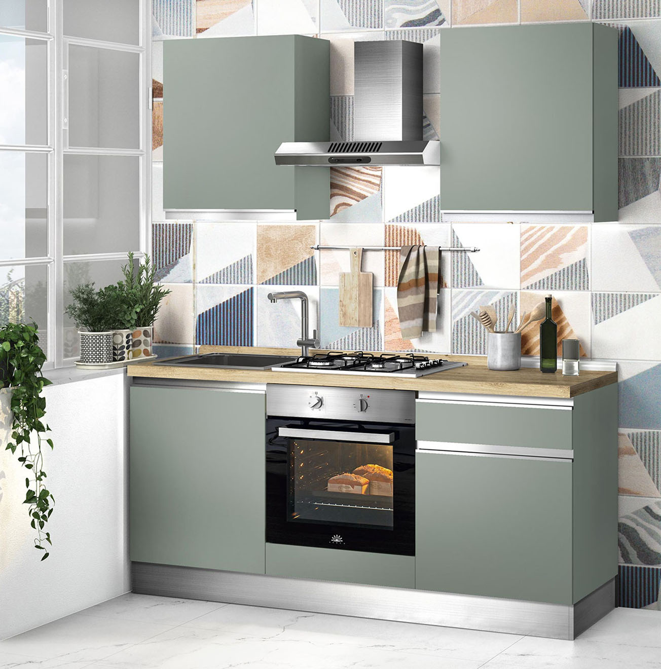 Piccola e compatta la cucina in linea Athena line di Mondo Convenienza che trova posto anche su una parete di dimensioni contenute. Le ante lisce, in nobilitato verde opaco con le maniglie a gola, la rendono resistente e facile da pulire. Il top nella finitura rovere cadiz completa la composizione. Misura L 180 x P 60 x H 216 cm. Prezzo 610 euro (inclusi forno e piano cottura). https://www.mondoconv.it Piccola e compatta la cucina in linea Athena line di Mondo Convenienza che trova posto anche su una parete di dimensioni contenute. Le ante lisce, in nobilitato verde opaco con le maniglie a gola, la rendono resistente e facile da pulire. Il top nella finitura rovere cadiz completa la composizione. Misura L 180 x P 60 x H 216 cm. Prezzo 610 euro (inclusi forno e piano cottura). https://www.mondoconv.it