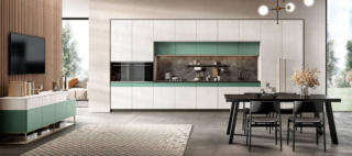 Effetto bicolore per la composizione in linea Natural di Moretti Compact Cucine: le ante a doppia finitura accostano il melamminico effetto resina a un vivace laccato verde salvia dando vita a uno scenografico contrasto cromatico e materico. I pensili a doppia profondità, che incorniciano l’area operativa, sono realizzati in laccato salvia e spiccano sullo schienale in gres Imperiale venato. Un modulo base da 60 cm con anta battente, prezzo 258 euro (esclusi top e zoccolo). https://cucine.moretticompact.it Effetto bicolore per la composizione in linea Natural di Moretti Compact Cucine: le ante a doppia finitura accostano il melamminico effetto resina a un vivace laccato verde salvia dando vita a uno scenografico contrasto cromatico e materico. I pensili a doppia profondità, che incorniciano l’area operativa, sono realizzati in laccato salvia e spiccano sullo schienale in gres Imperiale venato. Un modulo base da 60 cm con anta battente, prezzo 258 euro (esclusi top e zoccolo). https://cucine.moretticompact.it