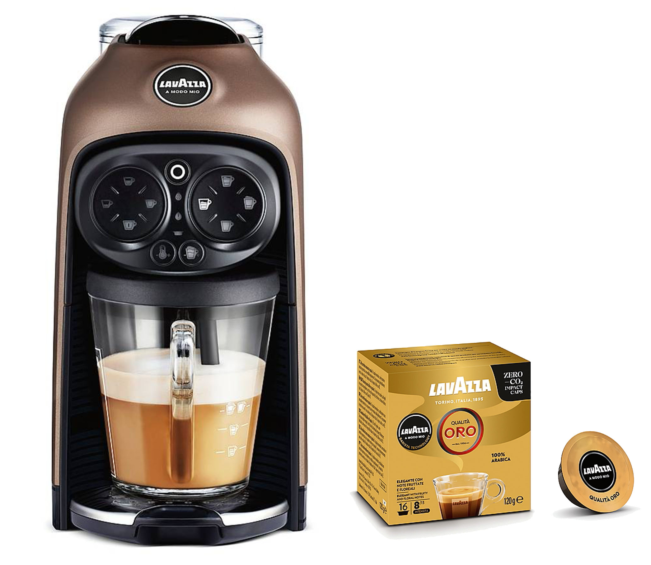 La macchina per caffè espresso con capsule A Modo Mio Deséa di Lavazza permette di preparare 5 ricette a base di latte e 4 differenti lunghezze di caffè con
un solo tocco. Con il Boost si può aumentare la temperatura
della bevanda premendo un pulsante. Misura L 14,5 x P 38 x
H 28 cm e costa 229,90 euro. www.lavazza.it