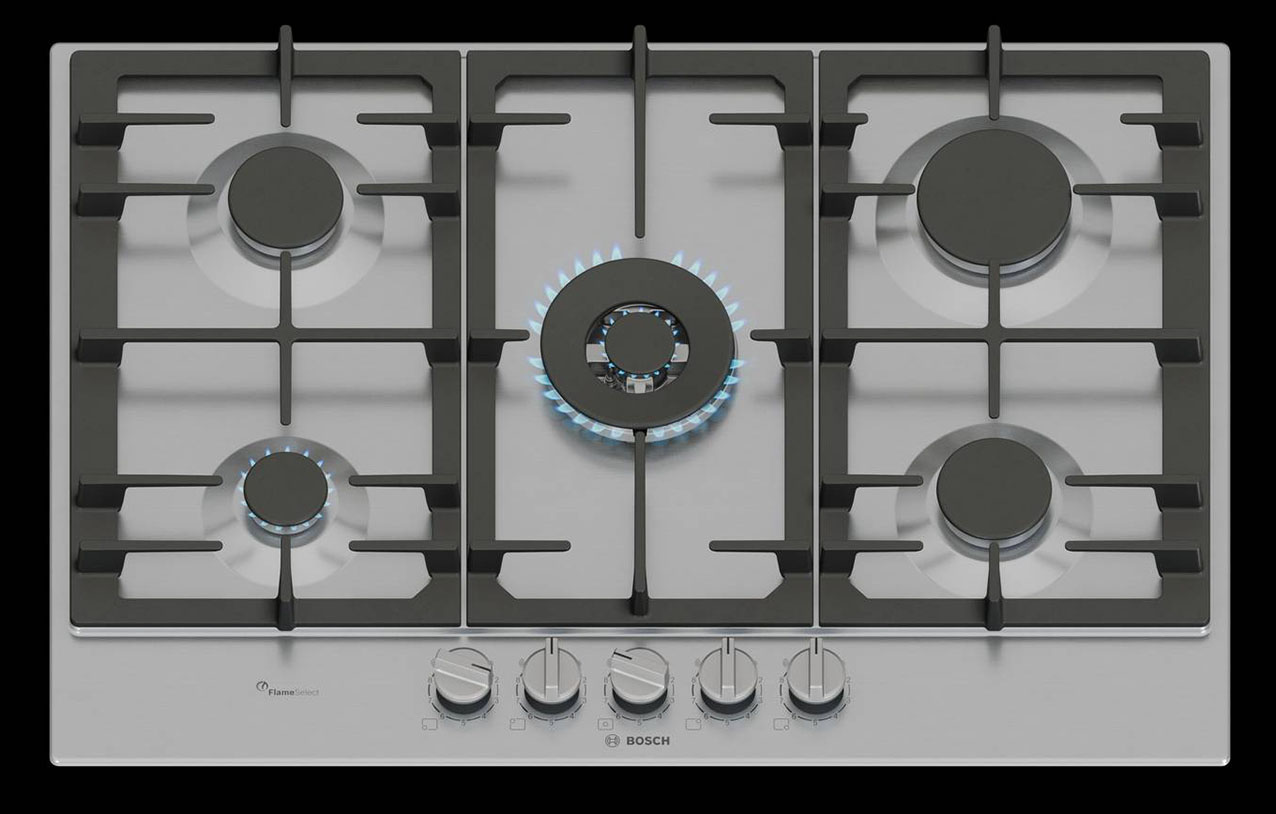Grazie alla tecnologia FlameSelect, il piano Serie 6 PCQ7A5I95 di Bosch offre un controllo preciso della potenza erogata su 9 livelli predefiniti di intensità della fiamma. Con fornello wok, è in acciaio inox e ha griglie d’appoggio continue in ghisa, pensate per regalare stabilità alle pentole. La pulizia è resa agevole e veloce dalle manopole magnetiche removibili. Prezzo da rivenditore. www.bosch-home.com/it