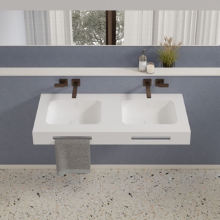 È realizzata in Ocritech OP bianco opaco la composizione Compo 4 di Xilon con piano lavabo e due lavabi integrati, ciascuno L 40 x P 30 x H 10 cm, nello stesso materiale e finitura. Misura L 120 x P 51 x H 12 cm. Prezzo 1.074 euro.
https://xilon.it/