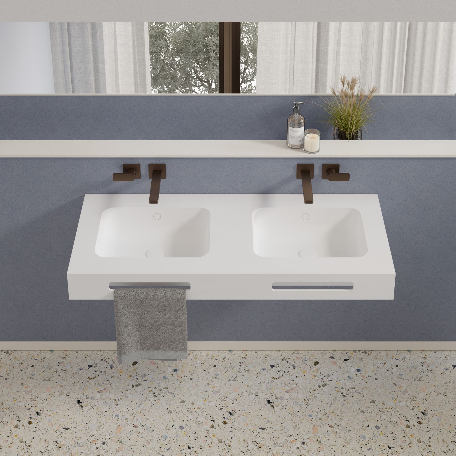 È realizzata in Ocritech OP bianco opaco la composizione Compo 4 di Xilon con piano lavabo e due lavabi integrati, ciascuno L 40 x P 30 x H 10 cm, nello stesso materiale e finitura. Misura L 120 x P 51 x H 12 cm. Prezzo 1.074 euro.
https://xilon.it/