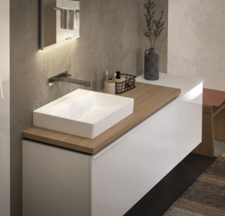 I piani di appoggio per i lavabi ONE di Geberit sono composti da un pannello truciolare a triplo strato e disponibili in forma arrotondata o rettangolare, in svariate colorazioni: in classico bianco verniciato lucido, opaco al melaminico in finitura rovere, noce fino al color lava opaco. Nella composizione in foto il piano lavabo nella finitura quercia/legno strutturale in melammina è abbinato al mobile Acanto. Ha uno spessore di 3,2 cm e misura L 89,4 x P 47,3 cm. Prezzo 384 euro. www.geberit.it