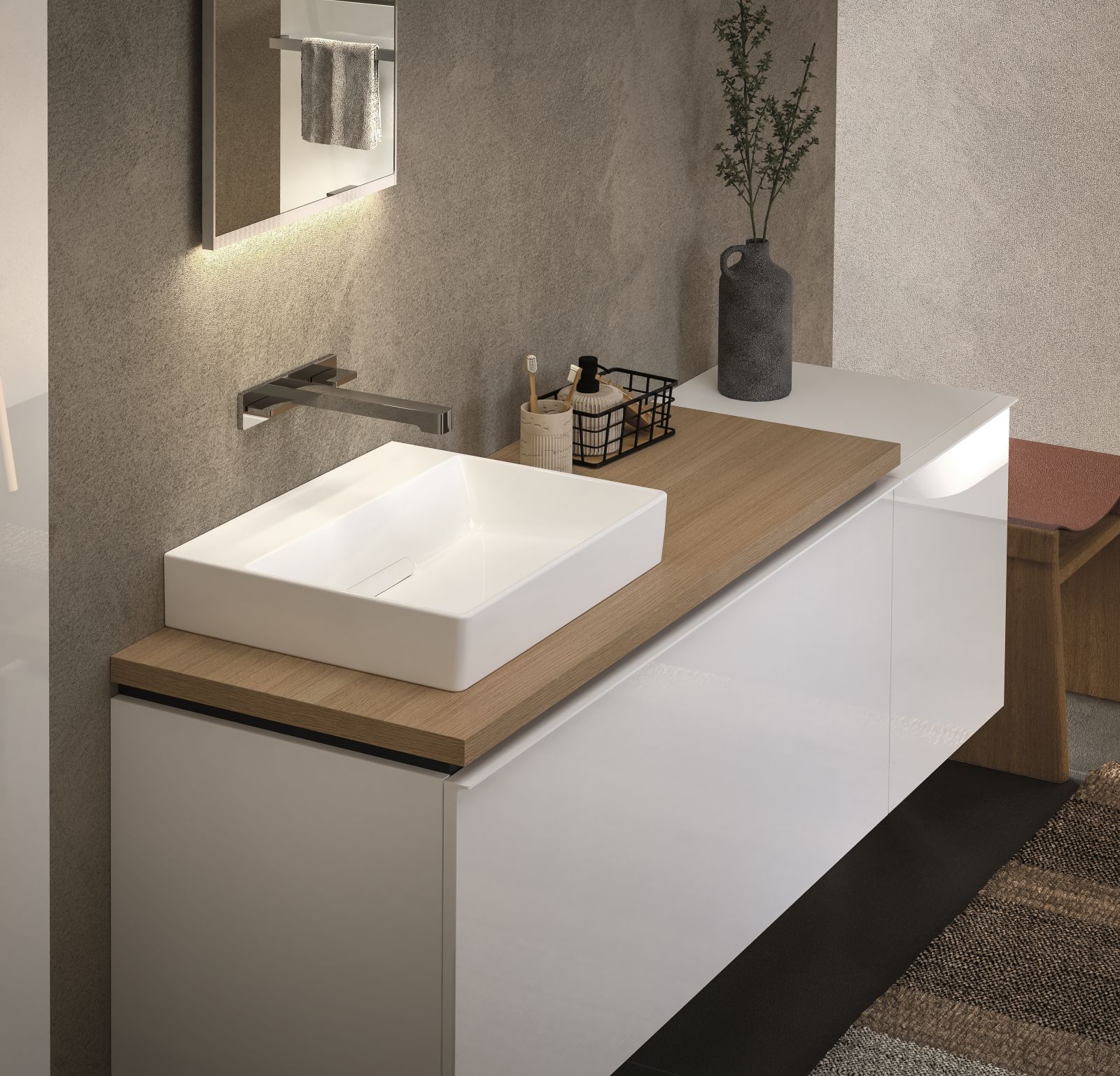 I piani di appoggio per i lavabi ONE di Geberit sono composti da un pannello truciolare a triplo strato e disponibili in forma arrotondata o rettangolare, in svariate colorazioni: in classico bianco verniciato lucido, opaco al melaminico in finitura rovere, noce fino al color lava opaco. Nella composizione in foto il piano lavabo nella finitura quercia/legno strutturale in melammina è abbinato al mobile Acanto. Ha uno spessore di 3,2 cm e misura L 89,4 x P 47,3 cm. Prezzo 384 euro. www.geberit.it