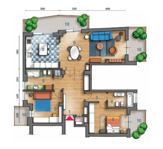 1 Ingresso 2 Studio 3 Disimpegno 4 Camera matrimoniale 5 Antibagno/lavanderia 6  Bagno 7  Soggiorno 8 Sala da pranzo passante 9 Cucina 10 Balcone