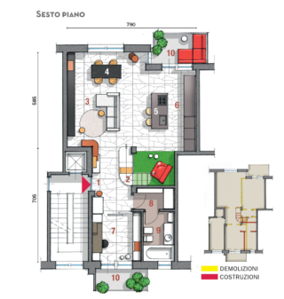 1 Ingresso
2 Scala
3 Soggiorno
4 Zona pranzo
5  Isola
6  Cucina
7 Studio/camera ospiti
8 Antibagno
9 Bagno
10 Balcone