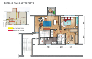 1 Ingresso condominiale
2 Scala interna  3 Zona relax 4 Loggia  5  Camera matrimoniale  6  Disimpegno 7 Guardaroba  8 Bagno
9 Lavanderia