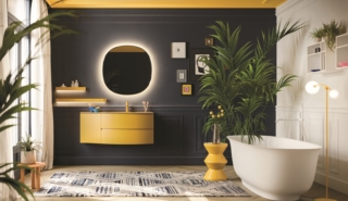 Linee curvate per il mobile bagno della composizione Fusion #40 di Arbi Arredobagno. La base Fusion Street ha finitura laccata Polline opaco, affiancata alla base terminale Slim a un'anta. Il piano top Skinny DX è in materiale composito Tekno Polline opaco. Finitura Polline anche per il miscelatore Geko. Completano l’arredo la specchiera Almond con luce led perimetrale e le mensole Tape in laccato Polline opaco. La vasca freestanding  Onda è in Tekno Bianco. www.arbiarredobagno.it