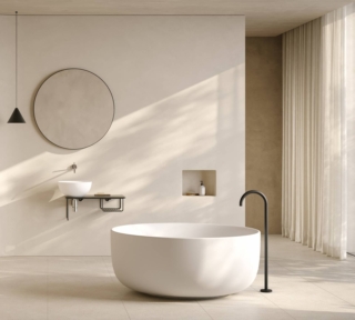 Vasca tonda freestanding KOI di Ceramica Globo, in Livingtec®, misura ø127 h 53 cm. www.ceramicaglobo.com