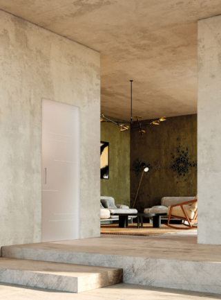 Porta battente filomuro Cristal Basic con anta in cristallo Segni Satinato extrachiaro.