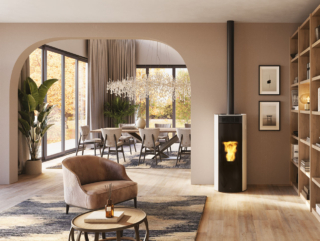 Stufa LIBRA X 9+ di Edilkamin con rivestimento in vetro bianco Stufa LIBRA X 9+ di Edilkamin con rivestimento in vetro bianco