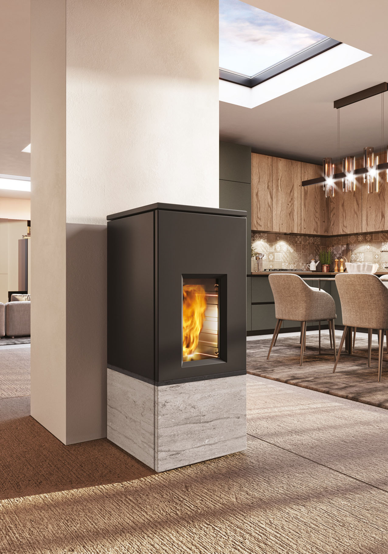 Stufe RISE 9+ di Edilkamin, con basamento in pietra limestone. Stufe RISE 9+ di Edilkamin, con basamento in pietra limestone.