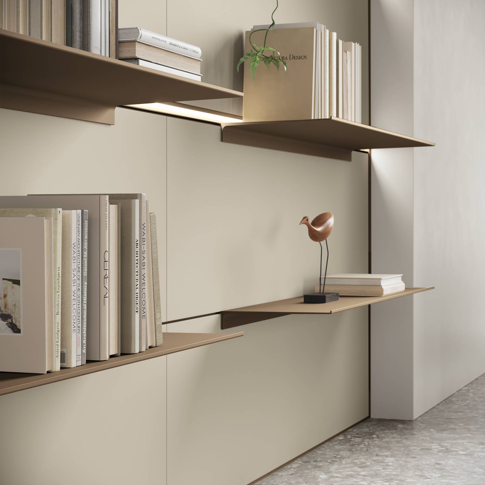 Ripiani illuminati e led integrati nella boiserie