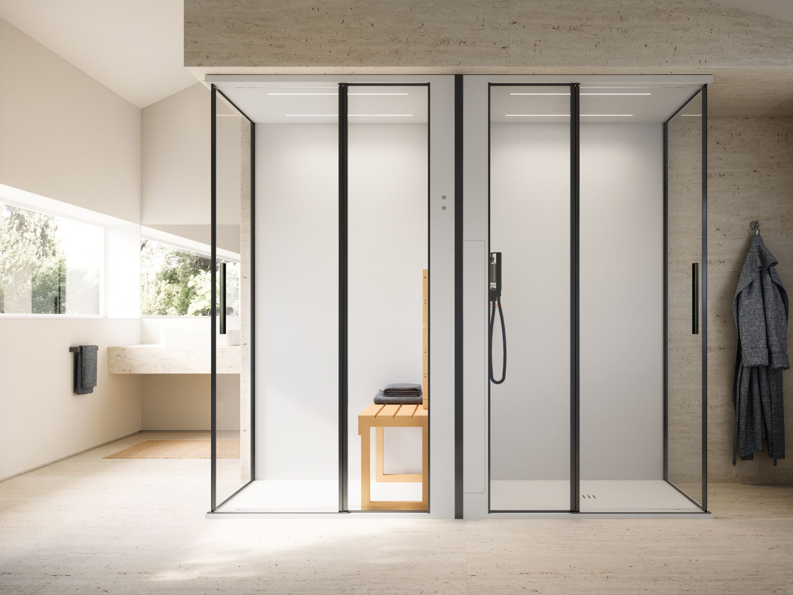 Skyfall Combi di Glass1989/RONAL BATHROOM combina un modulo sauna a infrarossi con un modulo doccia-hammam multifunzionale. Il modulo doccia è composto da piatto doccia H3 cm, parete di fondo, parete attrezzata e tettuccio con soffione integrato in PlyLite bianco opaco materico. Ha mensola multifunzione in HardLite bianco opaco con miscelatore termostatico, deviatore e doccetta in finitura cromo o nero opaco. La chiusura con porta pivot può avere profili cromo o nero opaco e ha cristallo trasparente 6 mm con trattamento anticalcare. Nella versione STEAM (doccia-hammam) si aggiunge un generatore vapore con comando on/off ed erogatore vapore, dotato di cromoterapia a LED su tettuccio e bluetooth con cassa a vibrazione. Il modulo sauna è proposto con tettuccio con luce LED bianca integrata, parete radiante, parete attrezzata con lampada a infrarossi e cover lampada in Ayous, seduta in Ayous e piatto in PlyLite H3 cm. La chiusura è con porta pivot con profili cromo o nero opaco e cristallo trasparente da 6 mm con trattamento anticalcare. La sauna Skyfall sfrutta la potenza dei raggi infrarossi e offre una sensazione simile a quella che si prova prendendo il sole. Mentre i raggi infrarossi della lampada penetrano nel corpo direttamente attraverso l'epidermide, la parete radiante sviluppa un piacevole calore che aumenta il benessere. È disponibile nelle larghezze 200, 220 e 240 x P 80 x H 211 cm. Prezzo da rivenditore. www.glass1989.it