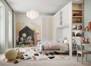 Fa parte della cameretta Old CM349 di Giessegi l'armadio angolare con ponte e libreria che permette di posizionare due letti nella parte inferiore ottimizzando al meglio lo spazio per due sorelle. La struttura è realizzata in nobilitato Nuvola Frassino e Visone. L'armadio misura L 161/423 x P 58 x H 262 cm. La scrivania sospesa misura L 120 x P 42 x H 35 cm. Prezzo 6.836 euro + Iva. https://www.giessegi.it