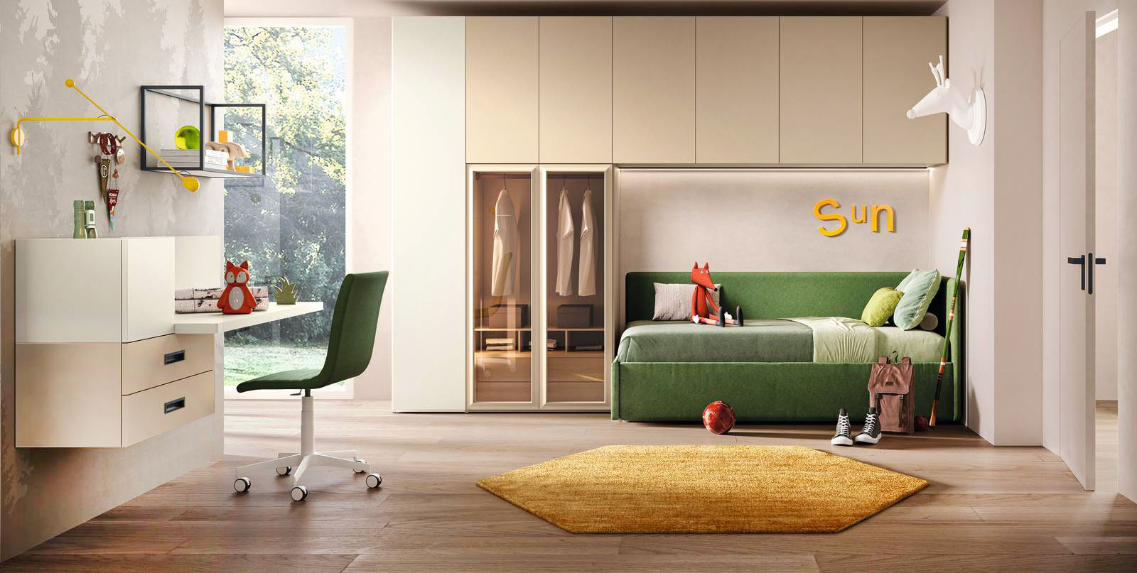 La composizione K111 di Moretti Compact Camerette è dominata da un armadio a ponte, in nobilitato quarzo e laccato crema, che permette di inserire il divano letto Topazio Soft con contenitore porta tutto. Le due ante in vetro  finitura bronzo permettono di esporre abiti e accessori, come in una vetrina, grazie alla luce a Led interna. Il design neutro e funzionale le permette di accompagnare il bambino nella crescita. L'armadio misura L 359,1 x P 60,4 x H 258 cm. Il divano letto misura L 214 x P 103 x H 86 cm. Prezzo 6.606 euro (per la composizione). https://moretticompact.it