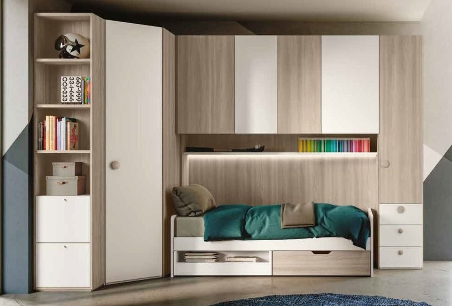 Include una mini cabina armadio angolare e una libreria la cameretta a ponte in melaminico Olmo e Bianco di Montefioredesign in vendita su Arredamento MD. Il divano letto con ruote è dotato di un cassetto contenitore porta tutto e di un vano a giorno. Misura L 357,4/172,2 x P 55 x H 234 cm. Prezzo a partire da 3.039 euro. https://www.arredamentomd.it