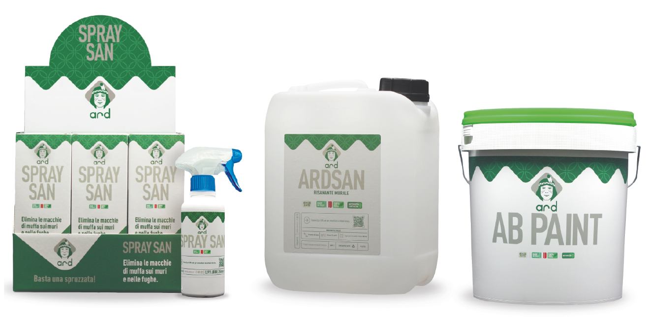 Il ciclo antimuffa di Ard Raccanello risana gli ambienti in 3 passaggi: SPRAY SAN, soluzione concentrata spray per eliminare le macchie scure da pareti e fughe delle piastrelle,
ARDSAN, risanante murale pronto all’uso per la pulizia
e il ripristino di superfici particolarmente infestate,
dall’azione preventiva e da utilizzare prima del trattamento
con l’idropittura AB PAINT lavabile, antimuffa e antialga.
Prezzi da rivenditore. www.ard-raccanello.it