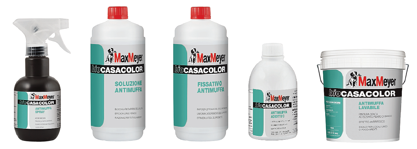 Il ciclo antiumidità BioCASACOLOR di Max Meyer include 4 prodotti per risanare, bonificare, preparare e pitturare: detergente spray ad azione immediata per rimuovere le muffe, soluzione da applicare per prevenirne la formazione e proteggere le superfici, fissativo isolante che uniforma l’assorbimento del supporto da verniciare e additivo universale da miscelare con qualsiasi idropittura. La pittura lavabile antimuffa della stessa linea è ideale come finitura finale in ambienti con problemi di umidità o poco aerati, come bagni, cucine, cantine. Prezzi da rivenditore. www.maxmeyer.it
