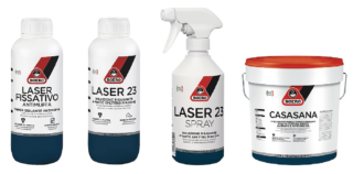 Il ciclo risanante completo di Boero elimina i contaminanti e sanifica le superfici. La soluzione LASER 23 (in versione spray) rimuove muffa, alghe, bio-contaminanti, mentre LASER Fissativo Antimuffa agisce come consolidante e protezione nel tempo contro la riformazione. A completamento, il rivestimento
a effetto barriera termica anticondensa e antimuffa CASASANA, addittivato con microsfere di vetro cave (formaldeide free ß≠e certificato Indoor Air Quality in classe A+). Prezzi da rivenditore. www.gruppoboero.it