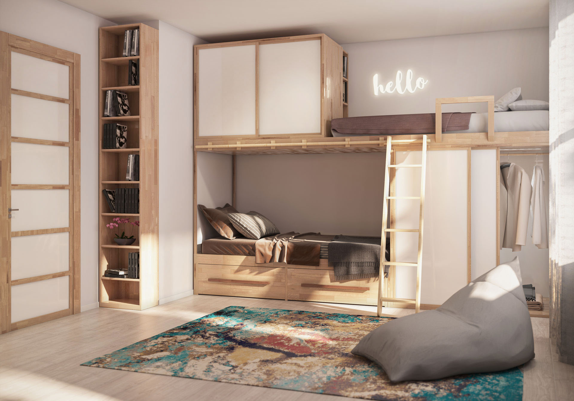La composizione SPAZIOBED® Young Zig Zag H di Cinius è caratterizzata dalla presenza di due letti sfalsati e di due armadi con ante scorrevoli, effetto ponte, che permettono di accogliere due fratelli anche in una camera piccola. La struttura è realizzata in vero legno massello e può essere personalizzata nelle misure e nelle colorazioni. Prezzo a partire da 3.490 euro. https://shopcinius.com