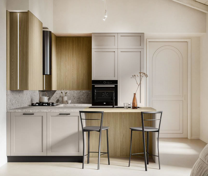 La cucina Alma di Arredo3 è compatta e funzionale. Le ante a telaio delle basi e delle colonne sono realizzate in PET riciclato opaco Pechino, un materiale PVC free, resistente, duraturo e pratico; il piano snack è in laminato rovere canapa. Prezzo su richiesta. https://www.arredo3.com