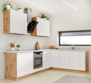 “Veste” l'angolo la cucina Fosca di Deghi che abbina le ante bianco candido alla struttura nella finitura rovere rustico. Gli elementi sono realizzati con pannelli rivestiti, un materiale resistente ad acqua e graffi, con il top in HPL bianco. Misura L 260 x P 60 x H 85 cm. Prezzo 779,99 euro (per la composizione con 9 elementi). https://www.deghi.it