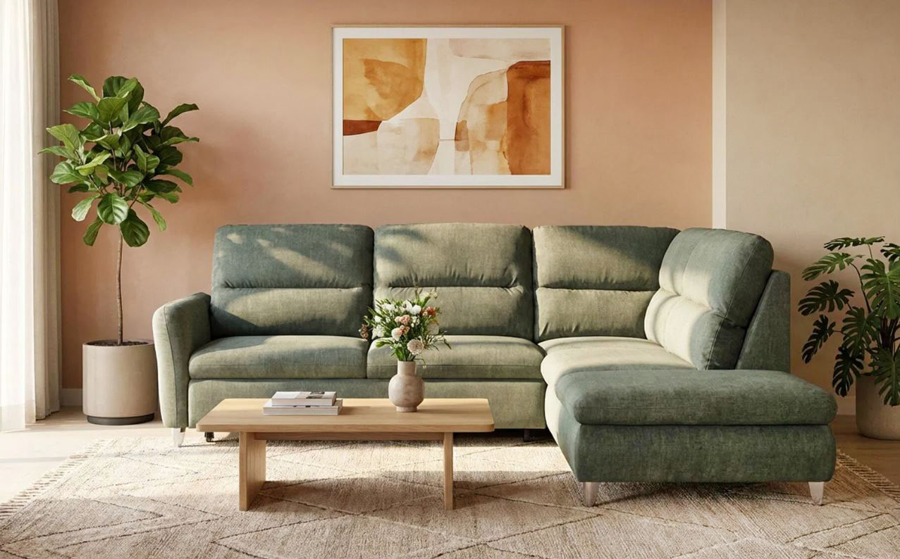 Il divano ad angolo verde Oasi di Conforama permette di dare vita ad una comoda zona relax grazie alle sedute con un'importante imbottitura ergonomicamente bilanciata. Si trasforma in un letto in modo semplice e veloce; inoltre, lateralmente è presente un pouf con un ampio vano contenitore.  Misura L 257 x P 220 x H 98 cm. Prezzo 899 euro. https://www.conforama.it