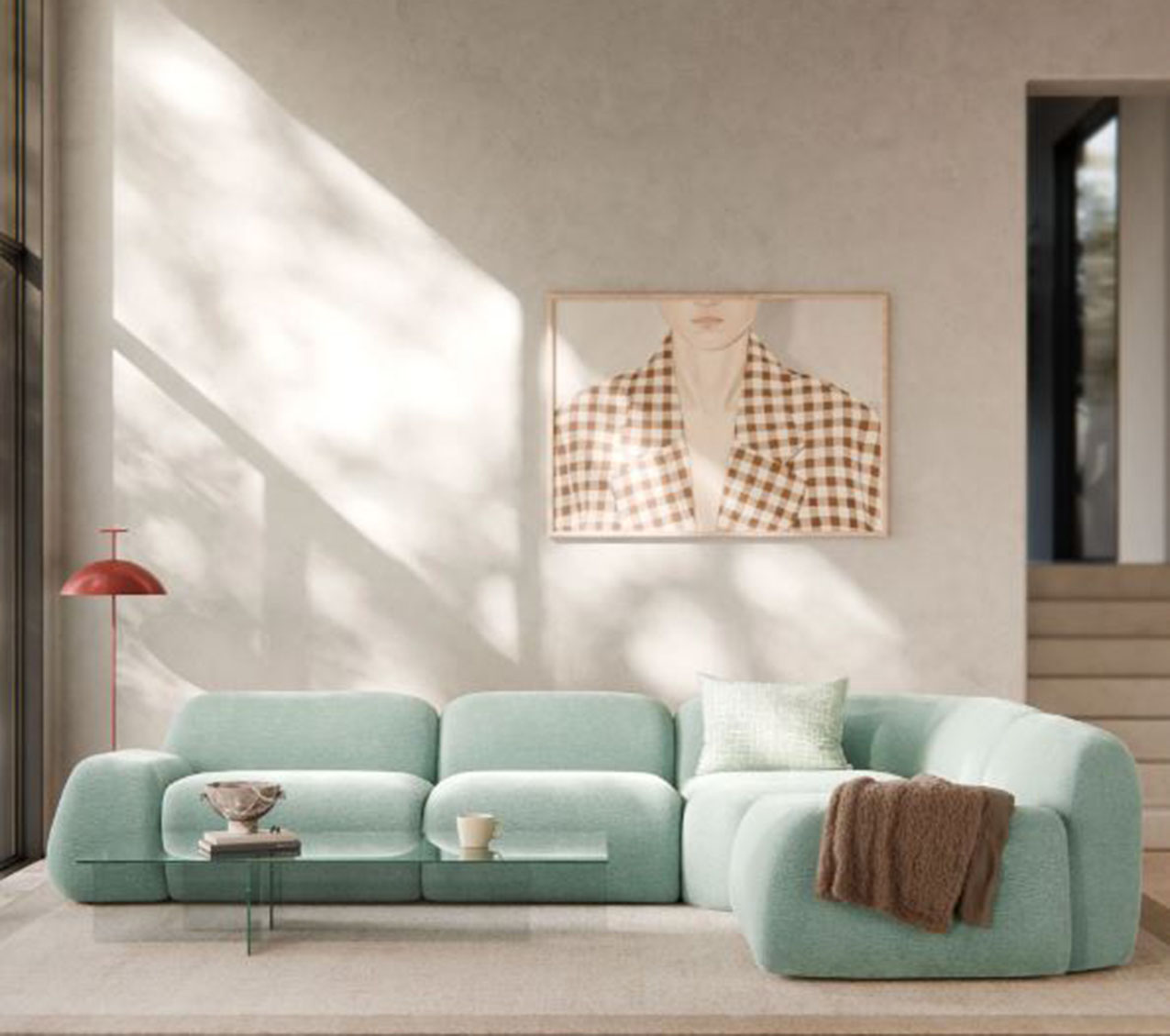 Il divano angolare Wolke di Westwing Collection è componibile per adattarsi alle diverse esigenze. Il rivestimento in tessuto vellutato e strutturato verde menta lo rende protagonista del living contemporaneo. I moduli dalle forme organiche arrotondate sono imbottiti in schiuma di poliuretano, certificata CertiPUR™. Misura L 349 x P 84/262 x H 65 cm. Prezzo 3.799 euro. https://www.westwing.it