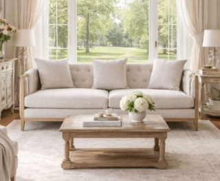 Ha la struttura realizzata in legno di frassino il divano tre posti romantico di Etnico Outlet; i cuscini sono rivestiti in tessuto sfoderabile in poliestere beige. Misura L 207 x P 84 x H 76 cm. Prezzo 698 euro. www.etnicoutlet.it