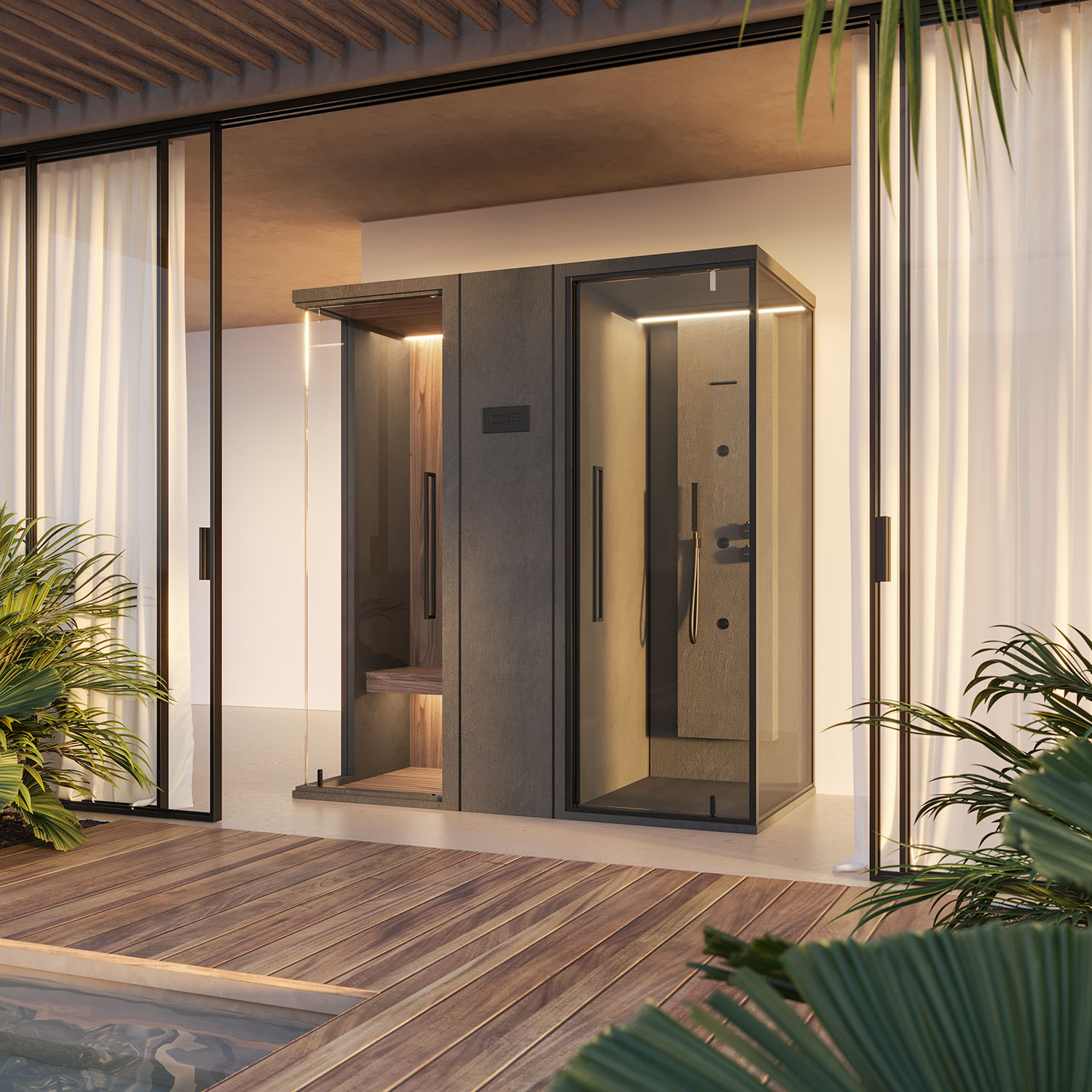 Zen Combi duo sauna e bagno turco di Megius si propone nelle versioni Corner e Linear, personalizzabili su misura a seconda delle esigenze specifiche. Nella parte dedicata al bagno turco si può stare seduti comodamente su una panca o uno sgabello realizzati in frassino termotrattato. Oltre al bagno turco è possibile usufruire di un soffione doccia, di una cascata d’acqua cervicale, di idrogetti e di una doccia a mano, azionabili con un moderno deviatore a pulsanti. Ha miscelatore termostatico. Tetto, colonna e pareti di rivestimento e tutte le superfici esterne sono realizzati con un pannello multistrato in alluminio e pvc, materiali resistenti a umidità e alte temperature. Cromoterapia ed erogazione di vapore sono attivabili anche dall’interno. La sauna in legno può essere realizzata in diverse finiture impiallacciate come l’abete, il cedro, l’hemlock e il noce canaletto; la panca è in legno atermico ayous. La versione ad angolo è disponibile nelle dimensioni 250 x180 cm e 290 x 210 cm. Linear è presentato in 3 dimensioni 200 x 100 cm, 240 x 120 cm e 290 x 120 cm. L’altezza standard è di 214 cm. Prezzo, Iva esclusa, a partire da 25.000 euro. In foto modello Linear. www.megius.com