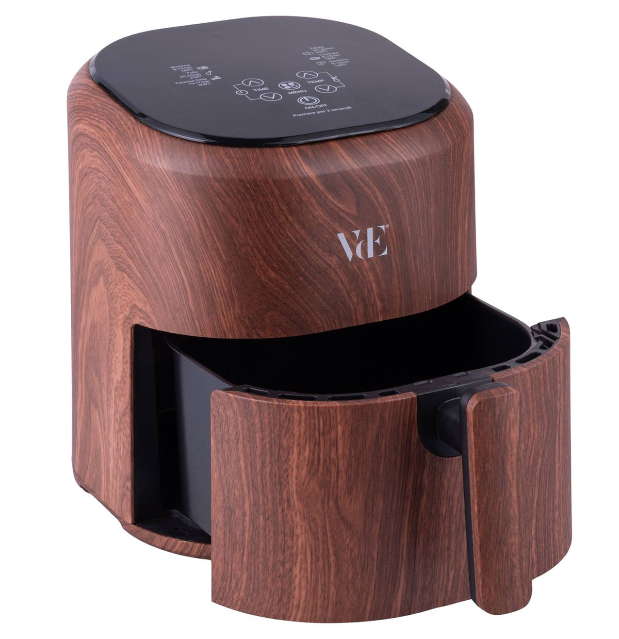 Elegante, grazie al rivestimento effetto legno, la friggitrice ad aria della Collezione Radici di Villa d’Este Home è capiente 5 litri, ha temperatura regolabile dai 60°C ai 200°C e 6 programmi preimpostati. La potenza è di 1.200 watt ed è dotata di funzione di autospegnimento in caso di estrazione del cestello. Misura L 24,5 x P 30 x H 29 cm. Prezzo 79,99 euro. www.satur.it