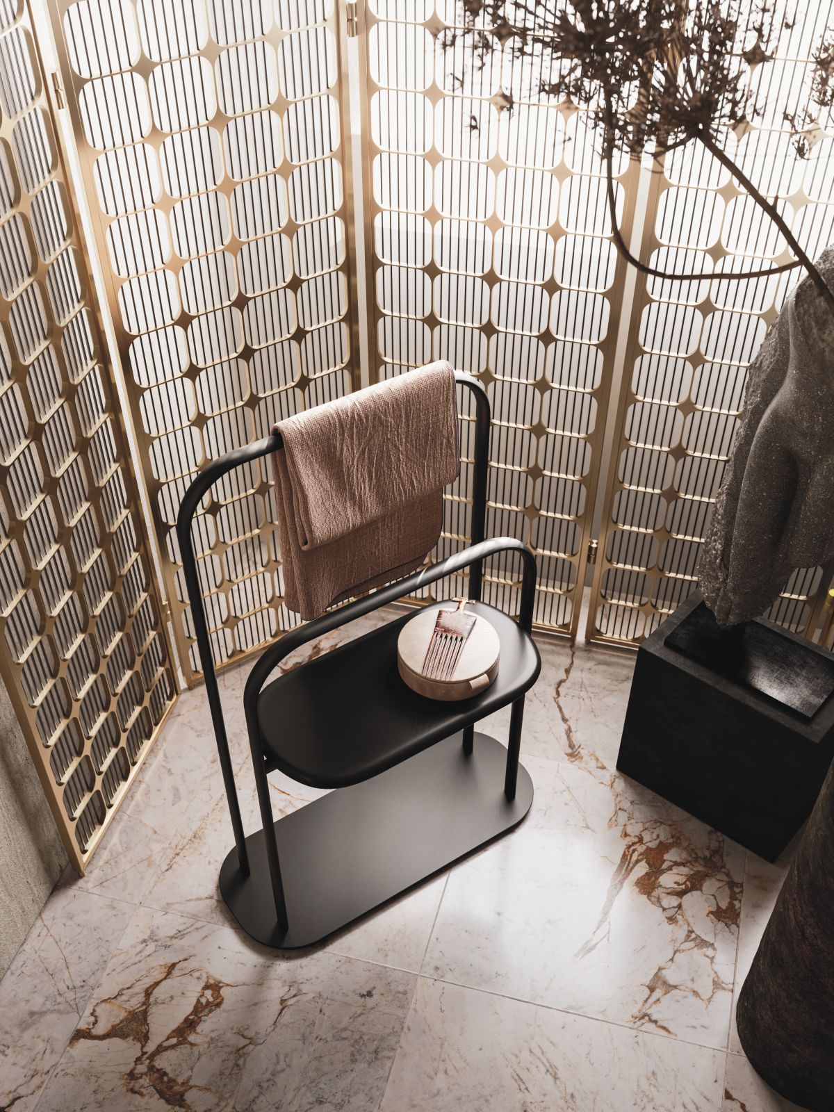 Il portasalviette a terra Almond di Arbi Arredobagno è realizzato in alluminio nero con mensola laccato opaco colore o metal. Misura L 60 x P 25 x H 87,5 cm. Prezzo su richiesta. www.arbiarredobagno.it