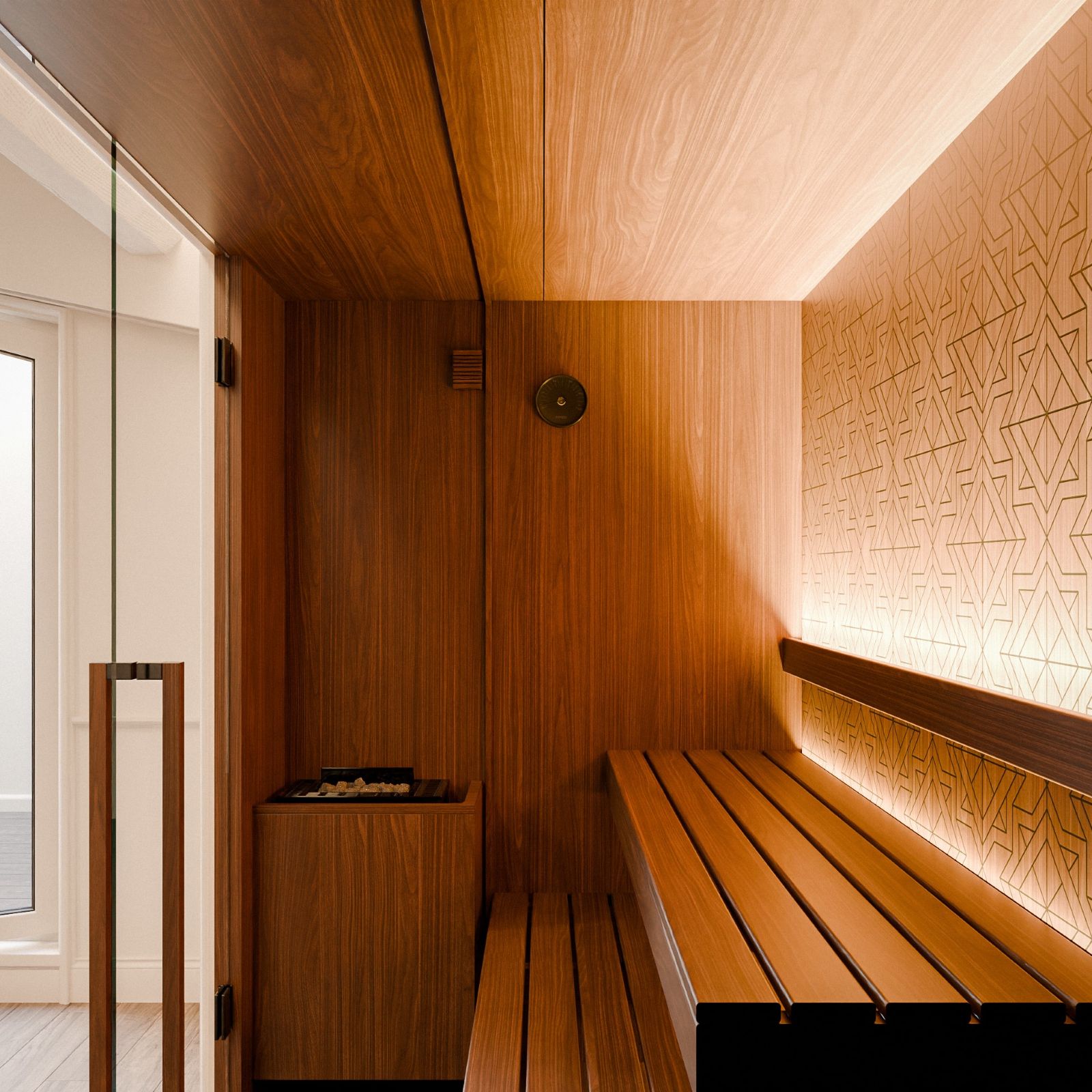 La sauna finlandese Dhara di Stenal con stufa elettrica ha linee essenziali, evidenziate dal motivo geometrico della parete di fondo. È realizzata in pannelli di frassino termotrattato. Il trattamento termico naturale garantisce resistenza e durabilità nel tempo e sottolinea le tonalità caramellate e le venature regolari del frassino. È disponibile in tre misure L 180 x P 120 cm, 150 x 150 cm e 200 x 150 cm. Prezzo, Iva esclusa, della taglia S (180 x 120 cm) per due persone 9.828 euro. www.stenal.it