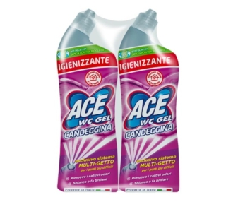 Ace Wc Gel Multigetto Candeggina igienizza il wc anche nei punti difficili da raggiungere. In una sola applicazione, i suoi sei getti arrivano facilmente anche sotto il bordo e offrono una copertura completa ed uniforme del wc. La sua formula elimina germi e batteri e sbianca le pareti del wc. Prezzo 2,46 euro. www.amazon.it