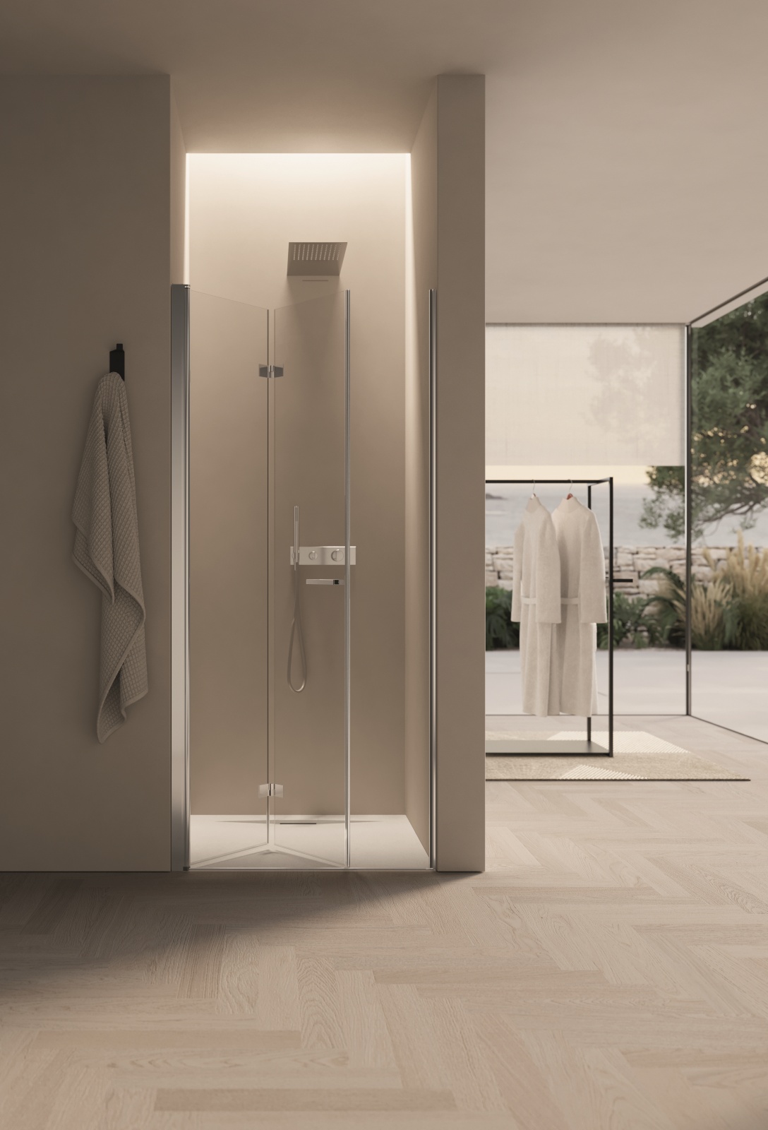 Apertura salvaspazio anche per la doccia. Omega di Disenia come in foto, in vetro con apertura a soffietto, misura  L 100 x H 198 cm, spessore vetro 6 mm. Prezzo a partire da 844 euro Iva esclusa.