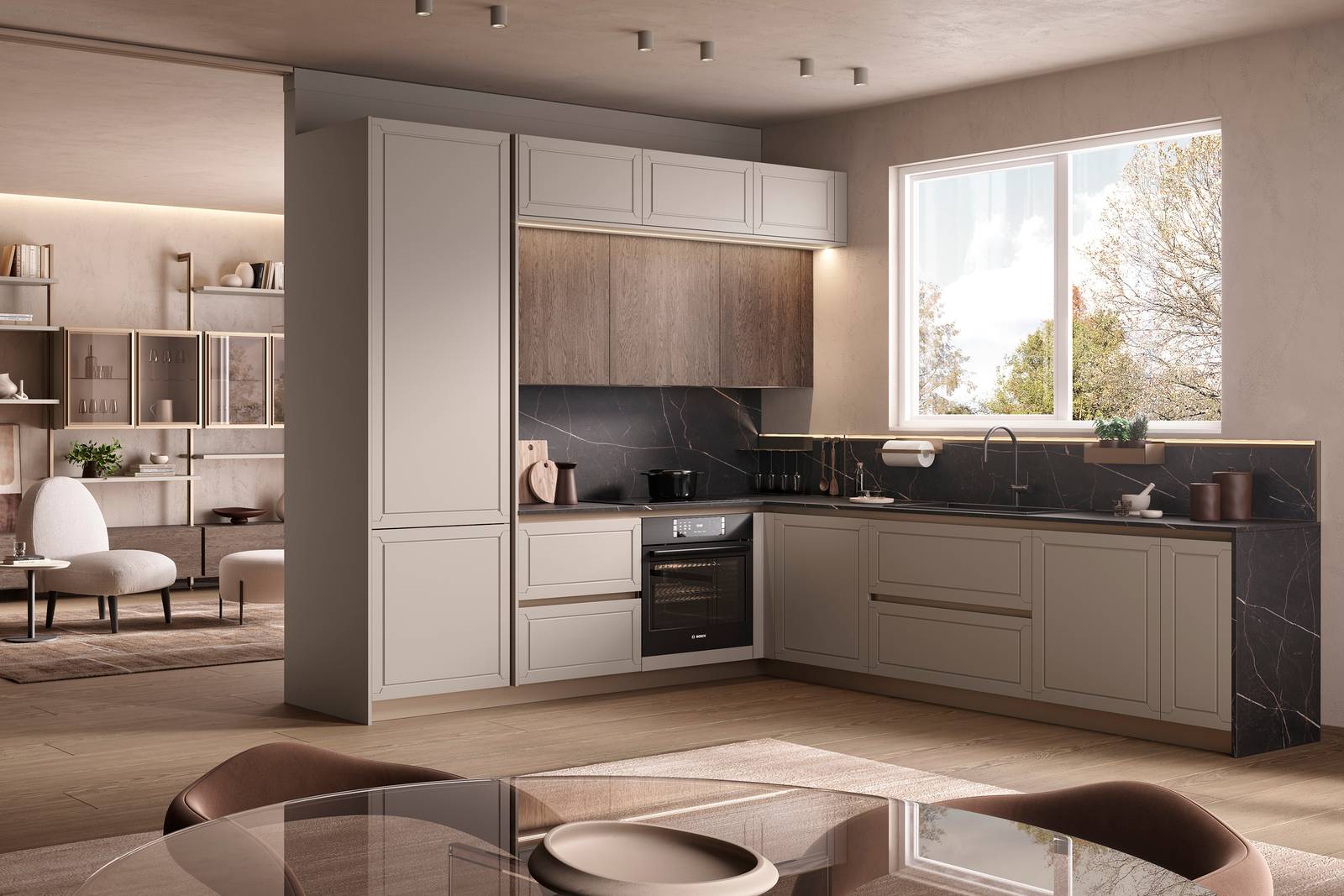 La cucina evoluta Panel ha una struttura con montanti metallici che sostengono i pensili senza bisogno di appoggiarsi alla parete.