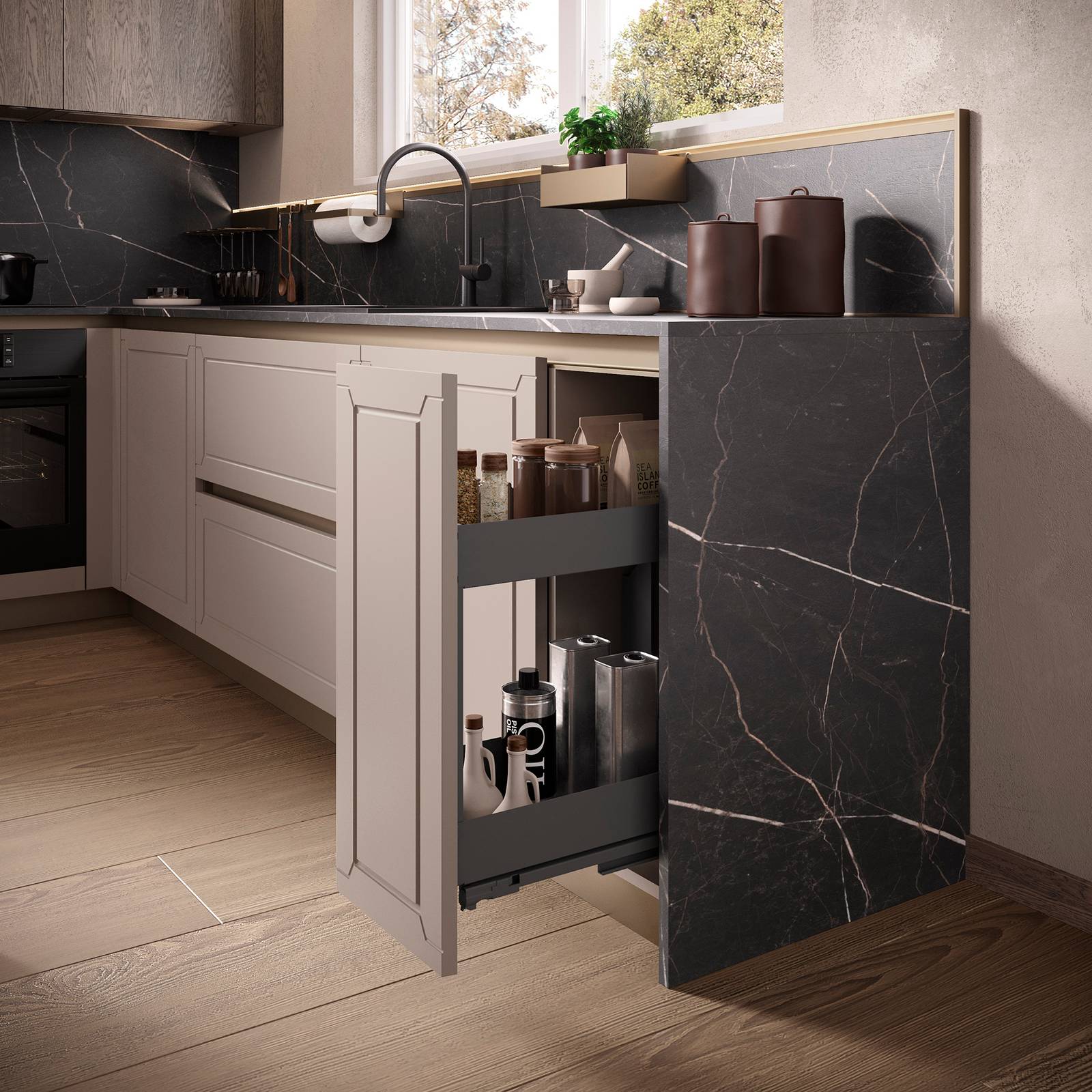 La base estraibile con cestello è uno dei tanti accessori intelligenti che uniscono funzionalità, ergonomia e coerenza estetica al progetto della cucina.