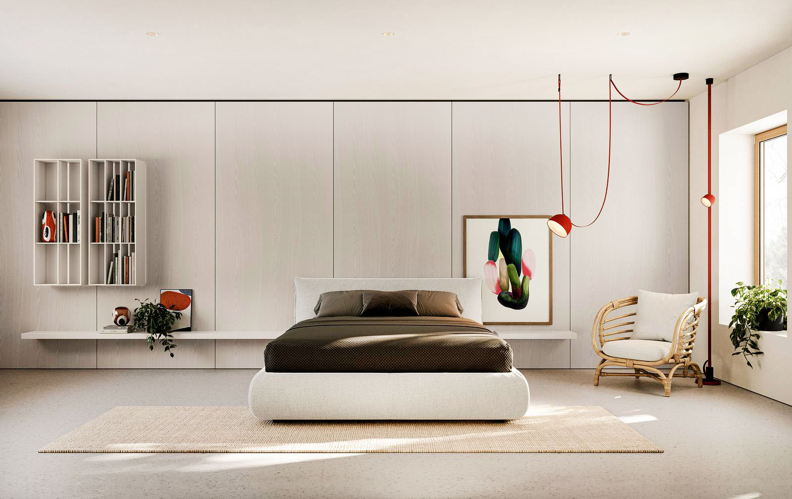 Dietro la testiera tessile del letto Toffee, una lunga Mensola 50 fissata alla boiserie a tutta altezza si trasforma in un comodino sospeso.