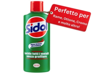 Sidol Lucidante per Metalli lucida rame, ottone, cromo e acciaio inox senza graffi. Rimuove macchie, sporco e aloni in pochi gesti: la formula cremosa rende facile l’uso con un semplice panno morbido. Prezzo 8,99 euro. www.amazon.it Sidol Lucidante per Metalli lucida rame, ottone, cromo e acciaio inox senza graffi. Rimuove macchie, sporco e aloni in pochi gesti: la formula cremosa rende facile l’uso con un semplice panno morbido. Prezzo 8,99 euro. www.amazon.it