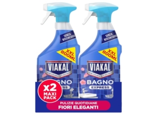 Viakal Spray Classico Bagno Express elimina fino al 100% del calcare, macchie d’acqua e i residui di sapone in una sola passata. Rimuove lo sporco e i batteri intrappolati nel calcare grazie alla tecnologia anti-goccia che previene la ricomparsa delle macchie d'acqua. Può essere utilizzato su molte superfici del bagno e della cucina, anche quotidianamente. Prezzo 9,98 euro per la confezione da due flaconi. www.amazon.it