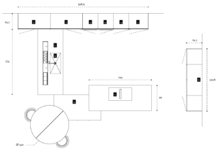 1. Frigo 2. Cabina angolo 3. Colonna angolo 4. Forni 5. Piano cottura 6. Lavello 7. Lavastoviglie 8. Boiserie Linea 9. Basi vetrina Slim