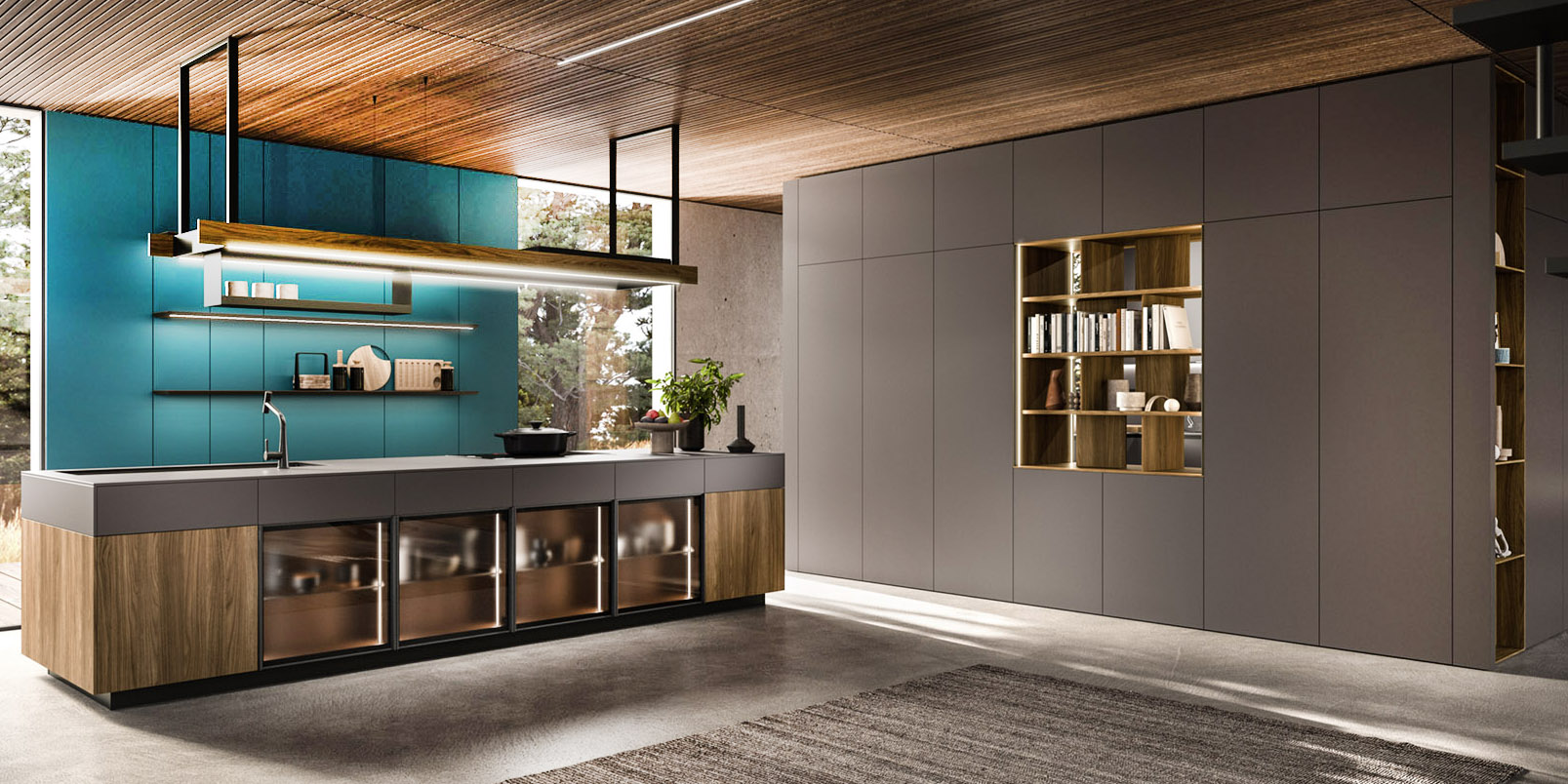 La cucina Ak_Project di Arrital si integra perfettamente con la zona giorno anche grazie all'ampia isola attrezzata, nelle finiture rovere e ardesia, con un grande lavello e con il piano cottura a induzione. Le basi Gem con le ante in vetro nella finitura Lineo-Bronzo permettono di esporre stoviglie e oggetti con un effetto semitrasparente e luminoso. Prezzo su richiesta. https://www.arrital.it